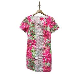 Lilly Pulitzer Maisie Pink Floral Stretch Shift Dress Sz 8 NWOT Lace Trim